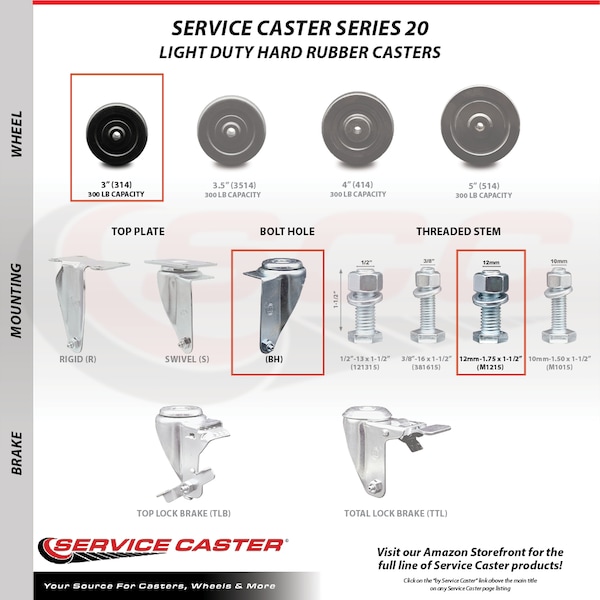 Service Caster 3 Inch Hard Rubber Wheel Swivel 12mm Threaded Stem Caster Brakes SCC, 2PK SCC-TS20S314-HRS-M1215-2-TLB-2 - main